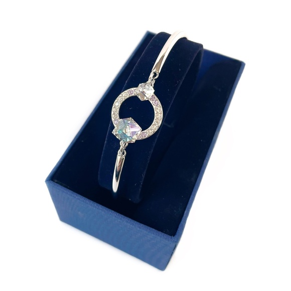 Swarovski Geometric Bangle Bracelet, Rhodium Tone, Crystal Cube Jewelry - Picture 4 of 7